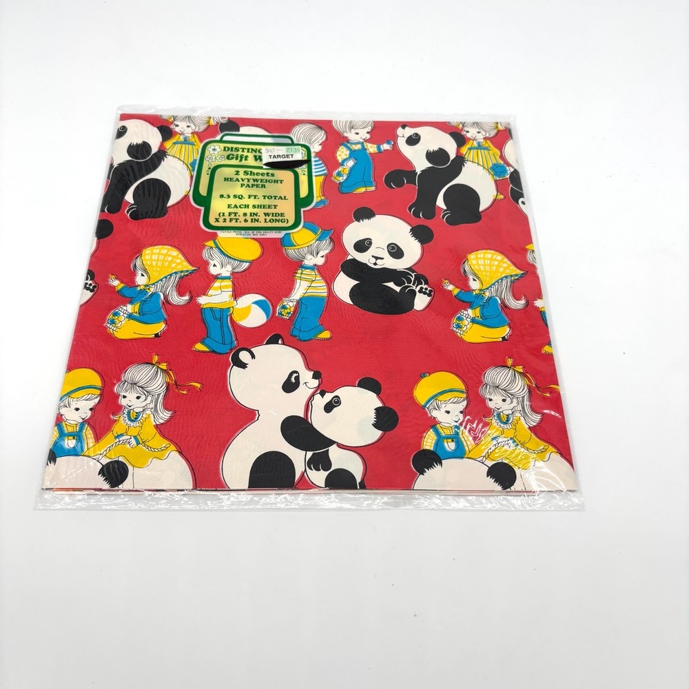 Vintage 60s Mid Century Panda Little Boy Girl Gift Wrap Paper 2 Sheet Multicolor